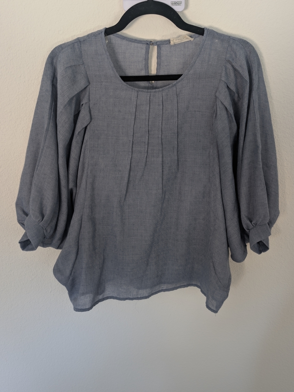 Soft Blue Pintuck Peasant Blouse with Balloon Sleeves